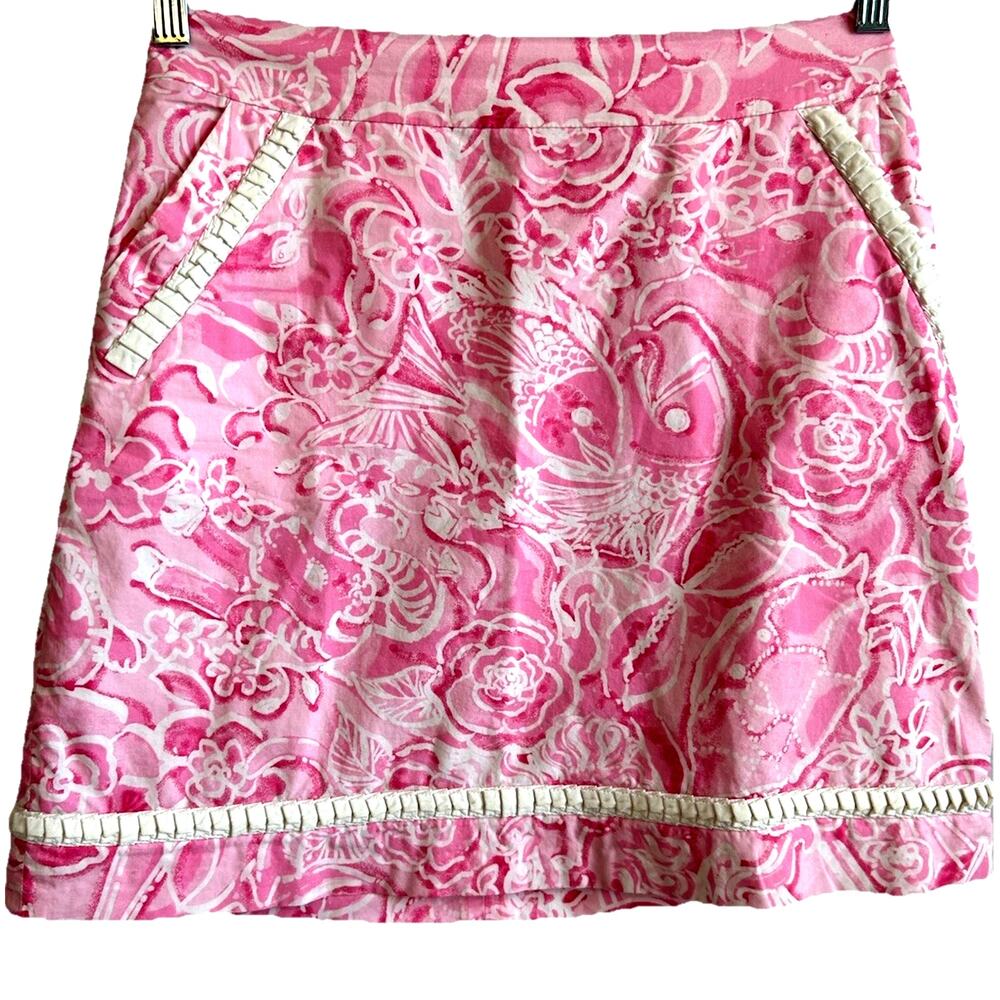 VTG Lilly Pulitzer "What's your sign" Horoscope Zodiac skirt Pink white trim 6